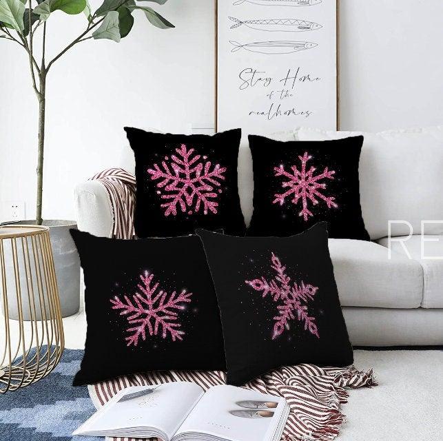 Set of 4 Christmas Pillow Covers|Xmas Home Decor|Purple Snowflake on Black Background Pillow Top|Winter Trend Pillow Cover|Xmas Throw Pillow