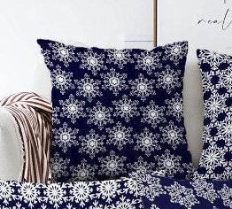 Set of 4 Winter Trend Pillow Covers|Xmas Home Decor|White Snowflake on Navy Blue Background Pillow|Christmas Pillow Cover|Xmas Throw Pillow