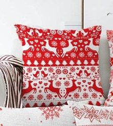 Set of 4 Christmas Pillow Covers|Merry Xmas Home Decor|Red White Xmas Deer and Tree Pillow|Winter Trend Pillow Cover|Snowflake Cushion Case