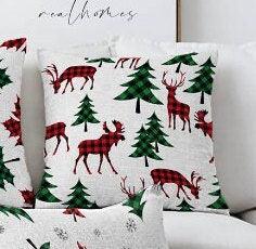 Set of 4 Christmas Pillow Covers|Red Green Checkered Deer and Pine Tree Pillow|Winter Trend Checkered Leaves Cushion|Xmas Throw Pillow Case