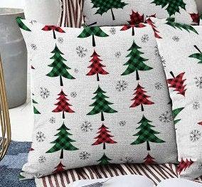 Set of 4 Christmas Pillow Covers|Red Green Checkered Deer and Pine Tree Pillow|Winter Trend Checkered Leaves Cushion|Xmas Throw Pillow Case