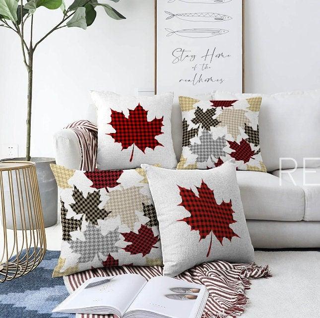 Set of 4 Christmas Pillow Covers|Red Buffalo Check Leaf Print Cushion|Winter Trend Pillow Case|Geometric Patterned Leaves Throw Pillow Top