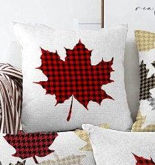 Set of 4 Christmas Pillow Covers|Red Buffalo Check Leaf Print Cushion|Winter Trend Pillow Case|Geometric Patterned Leaves Throw Pillow Top