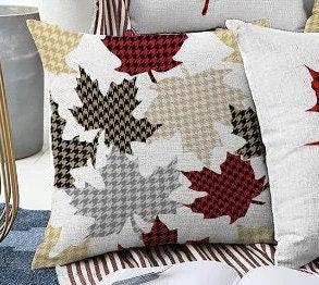 Set of 4 Christmas Pillow Covers|Red Buffalo Check Leaf Print Cushion|Winter Trend Pillow Case|Geometric Patterned Leaves Throw Pillow Top