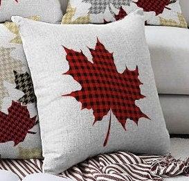 Set of 4 Christmas Pillow Covers|Red Buffalo Check Leaf Print Cushion|Winter Trend Pillow Case|Geometric Patterned Leaves Throw Pillow Top