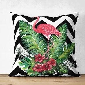 Set of 4 Tropical Plants Pillow Covers|Floral Pillow Cover|Green Leaves Pillow Case|Flamingo Print Outdoor Cushion Cover|Throw Pillow Case