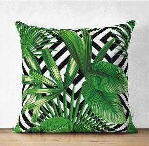 Set of 4 Tropical Plants Pillow Covers|Floral Pillow Cover|Green Leaves Pillow Case|Flamingo Print Outdoor Cushion Cover|Throw Pillow Case