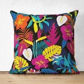 Set of 4 Colorful Floral Pillow Covers|Decorative Pillow Case|Neon Color Leaves and Feathers Pillow|Outdoor Cushion Cover|Throw Pillow Case