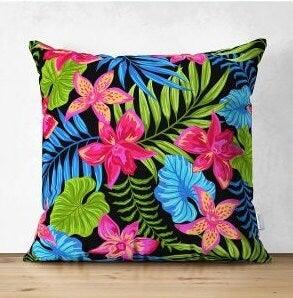 Set of 4 Colorful Floral Pillow Covers|Decorative Pillow Case|Neon Color Leaves and Feathers Pillow|Outdoor Cushion Cover|Throw Pillow Case