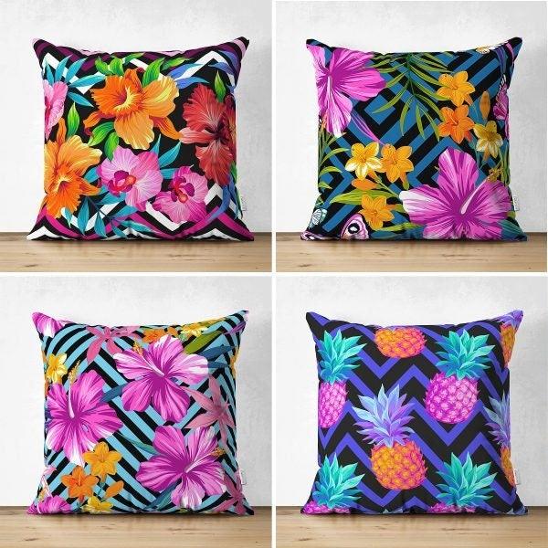 Set of 4 Colorful Floral Pillow Covers|Pineapple Pillow Cover|Colorful Flowers on Geometric Pattern|Outdoor Cushion Cover|Throw Pillow Case