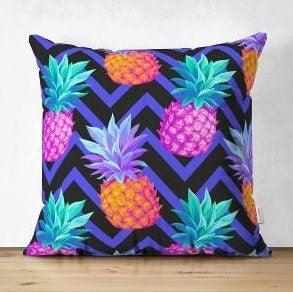 Set of 4 Colorful Floral Pillow Covers|Pineapple Pillow Cover|Colorful Flowers on Geometric Pattern|Outdoor Cushion Cover|Throw Pillow Case