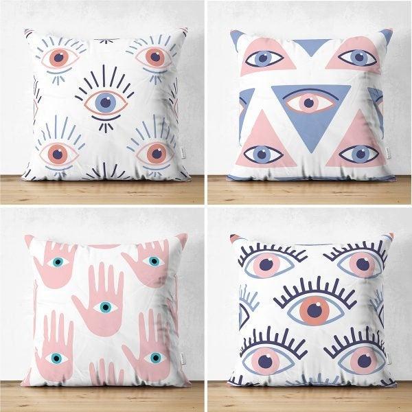 Set of 4 One Eye Pillow Covers|Abstract Pillow Cover|Hand of Fatima Pillow Case|Geometric Outdoor Cushion Cover|Decorative Throw Pillow Case