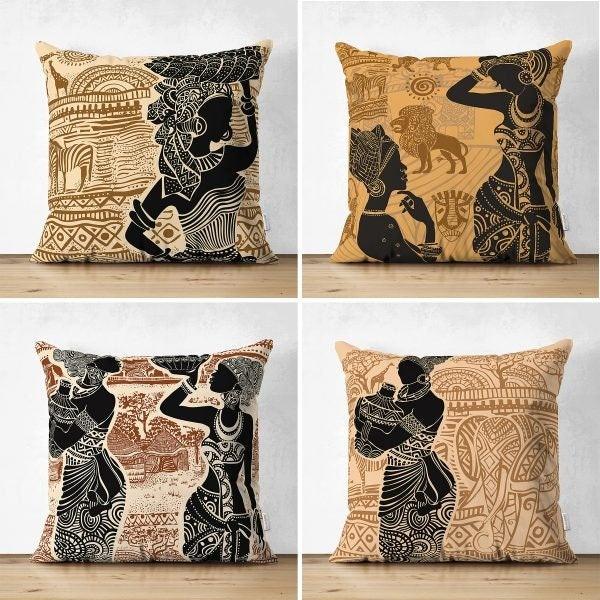 Set of 4 African Women Pillow Covers|Ethnic Print Pillow Cover|Tribal Pillow Cover Set|Authentic African Beauty Pillow Top|Throw Pillow Case