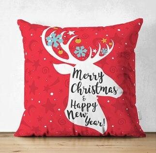 Set of 4 Christmas Pillow Covers|Merry Xmas Happy New Year Home Decor|Red White Xmas Pillow Top|Winter Trend Pillow Cover|Snowflake Cushion