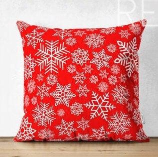 Set of 4 Christmas Pillow Covers|Merry Xmas Happy New Year Home Decor|Red White Xmas Pillow Top|Winter Trend Pillow Cover|Snowflake Cushion