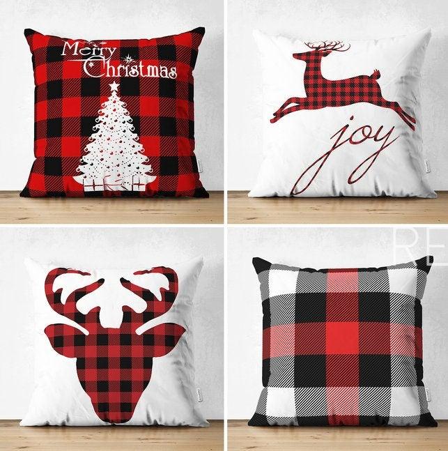 Set of 4 Christmas Pillow Covers|Merry Xmas and Joy Home Decor|Buffalo Check Xmas Deer and Buckhorn Pillow Top|Plaid Winter Trend Pillow Top