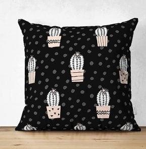 Set of 4 Cactus Pillow Covers|Decorative Succulent Pillow Case|Floral Cactus Throw Pillow Top|Black White Cactus in Flowerpot Drawing Pillow