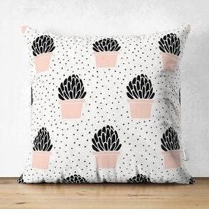 Set of 4 Cactus Pillow Covers|Decorative Succulent Pillow Case|Floral Cactus Throw Pillow Top|Black White Cactus in Flowerpot Drawing Pillow