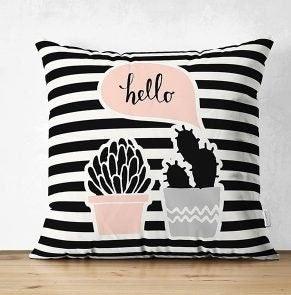 Set of 4 Cactus Pillow Covers|Striped Succulent Pillow Case|Hello Cactus Throw Pillow Top|Black White Cactus in Flowerpot Drawing Pillow Top