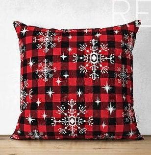 Set of 4 Christmas Pillow Covers|Merry Xmas Tree and Joy Home Decor|Xmas Deer and Buckhorn Pillow Top|Snowflake on Buffalo Check Pillow Top