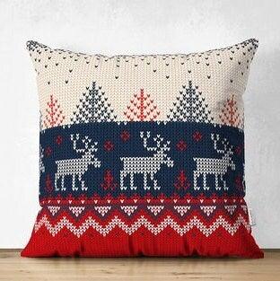 Set of 4 Christmas Pillow Covers|Red Blue Gray Xmas Cushion Case|Xmas Deer, Xmas Tree and Snowflake Print Pillow Top|Winter Trend Pillow