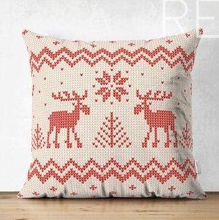 Set of 4 Christmas Pillow Covers|Merry Xmas Cushion Case|Xmas Deer, Xmas Tree and Snowflake Print Pillow Top|Plaid Winter Trend Pillow Sham