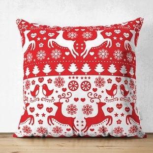 Set of 4 Christmas Pillow Covers|Merry Xmas Home Decor|Red White Xmas Deer and Tree Pillow|Winter Trend Pillow Cover|Snowflake Cushion Case