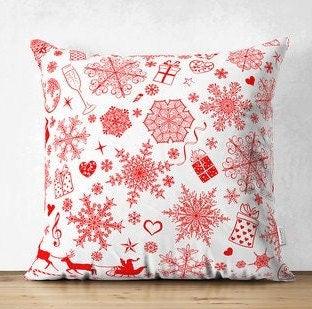 Set of 4 Christmas Pillow Covers|Merry Xmas Home Decor|Red White Xmas Deer and Tree Pillow|Winter Trend Pillow Cover|Snowflake Cushion Case