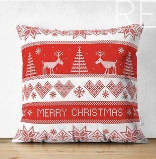 Set of 4 Christmas Pillow Covers|Merry Xmas Home Decor|Red White Xmas Deer and Tree Pillow|Winter Trend Pillow Cover|Snowflake Cushion Case