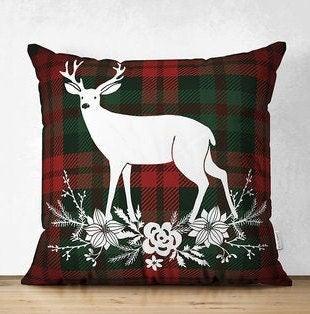 Set of 4 Christmas Pillow Covers|Merry Xmas and Happy New Year Home Decor|Floral Xmas Deer Pillow Top|Winter Trend Buffalo Check Pillow Top