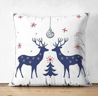 Set of 4 Christmas Pillow Covers|Blue White Xmas Deer Decor|Winter Trend Cushion Case|Beige Blue Leaves Throw Pillow|Christmas Tree Cushion