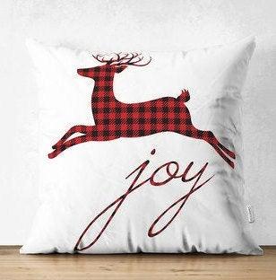 Set of 4 Christmas Pillow Covers|Merry Xmas and Joy Home Decor|Buffalo Check Xmas Deer and Buckhorn Pillow Top|Plaid Winter Trend Pillow Top