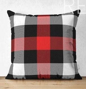 Set of 4 Christmas Pillow Covers|Merry Xmas and Joy Home Decor|Buffalo Check Xmas Deer and Buckhorn Pillow Top|Plaid Winter Trend Pillow Top