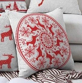 Set of 4 Christmas Pillow Covers|Red Xmas Deer and Snowflake Print Pillow Cover|Red White Xmas Pillow Top|Winter Trend Gray Pine Tree Pillow