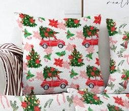 Set of 4 Christmas Pillow Covers|Red Car and Xmas Tree Pillow Case|Winter Trend Xmas Bell Cushion Cover|Red Poinsettia and Ornaments Pillow