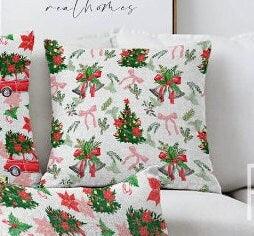 Set of 4 Christmas Pillow Covers|Red Car and Xmas Tree Pillow Case|Winter Trend Xmas Bell Cushion Cover|Red Poinsettia and Ornaments Pillow