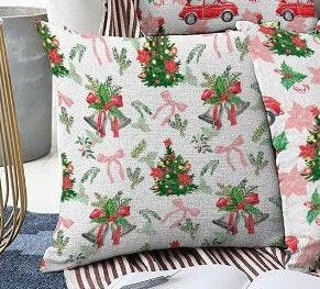 Set of 4 Christmas Pillow Covers|Red Car and Xmas Tree Pillow Case|Winter Trend Xmas Bell Cushion Cover|Red Poinsettia and Ornaments Pillow