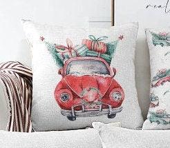 Set of 4 Christmas Pillow Covers|Red Gree White Xmas Pillow Case|Van with Decorated Xmas Tree Cushion Case|Car with Xmas Tree Cushion Cover