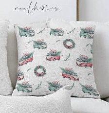 Set of 4 Christmas Pillow Covers|Red Gree White Xmas Pillow Case|Van with Decorated Xmas Tree Cushion Case|Car with Xmas Tree Cushion Cover