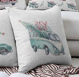 Set of 4 Christmas Pillow Covers|Red Gree White Xmas Pillow Case|Van with Decorated Xmas Tree Cushion Case|Car with Xmas Tree Cushion Cover