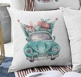 Set of 4 Christmas Pillow Covers|Red Turquoise White Pillow Case|Van with Decorated Xmas Tree Cushion Case|Car with Xmas Tree Cushion Cover