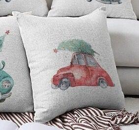 Set of 4 Christmas Pillow Covers|Red Turquoise White Pillow Case|Van with Decorated Xmas Tree Cushion Case|Car with Xmas Tree Cushion Cover