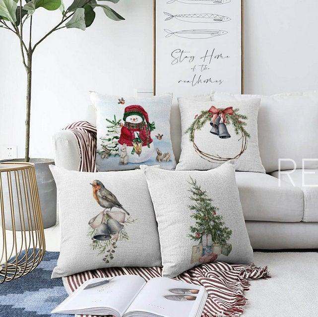 Set of 4 Christmas Pillow Covers|Snowman and Rabbits Pillow|Winter Trend Cushion Case|Xmas Bell and Bird Throw Pillow|Christmas Tree Cushion