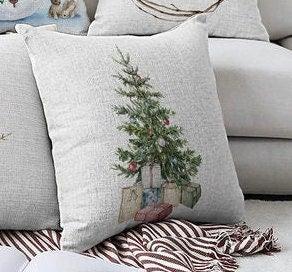 Set of 4 Christmas Pillow Covers|Snowman and Rabbits Pillow|Winter Trend Cushion Case|Xmas Bell and Bird Throw Pillow|Christmas Tree Cushion