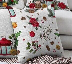 Set of 4 Christmas Pillow Covers|Floral Xmas Pillow Top|Winter Trend Cushion Case|Pine Cone and Lantern Throw Pillow|Red Poinsettia Cushion