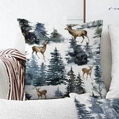 Set of 4 Winter Trend Pillow Covers|Xmas Deer and Pine Tree Home Decor|House under Snow Pillow Top|Christmas Pillow Cover|Xmas Throw Pillow