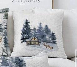 Set of 4 Winter Trend Pillow Covers|Xmas Deer and Pine Tree Home Decor|House under Snow Pillow Top|Christmas Pillow Cover|Xmas Throw Pillow