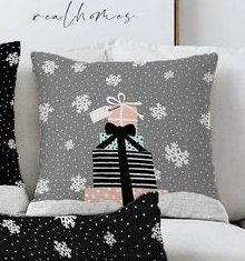 Set of 4 Christmas Pillow Covers|Xmas Gift Boxes Home Decor|White Snowflake on Black and Gray Background Pillow|Winter Trend Throw Pillow