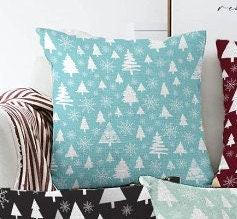 Set of 4 Winter Pillow Covers|Xmas Pine Tree and Snowflake Home Decor|Snowflake Pillow Top|Winter Trend Throw Pillow|Geometric Winter Pillow