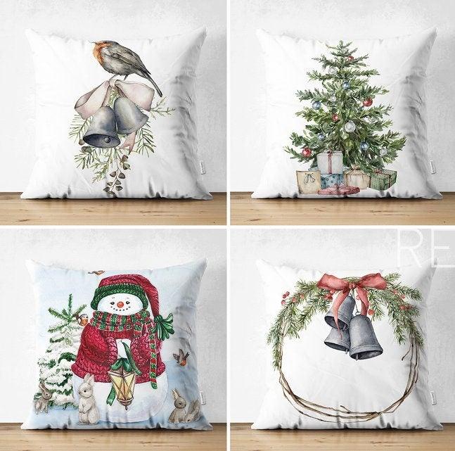 Set of 4 Christmas Pillow Covers|Snowman and Rabbits Pillow|Winter Trend Cushion Case|Xmas Bell and Bird Throw Pillow|Christmas Tree Cushion